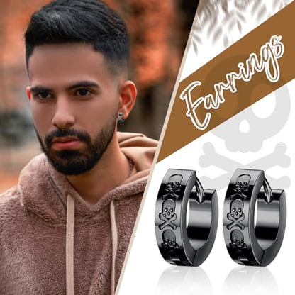 Aroncent 2-8Pcs Womens Mens Huggie Hoop Triangle Earrings Viking Runes Stainless Steel Ear Stud Novelty Black/Gold/Silver - color: D-Skull Hoop Earrings-Black