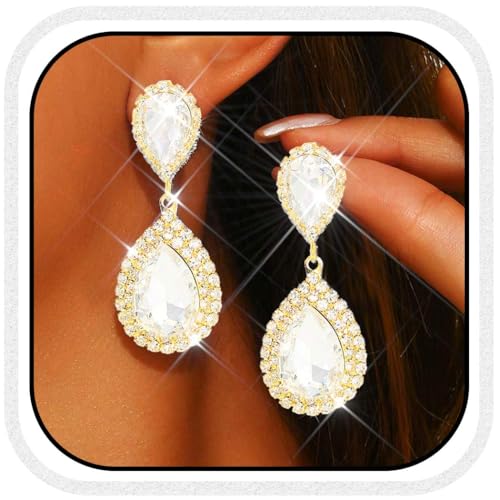 Catery Crystal Wedding Earrings Silver Rhinestone Ear Rings Teardrop Bridal Ear Jewelry for Brides and Women - color: Gold