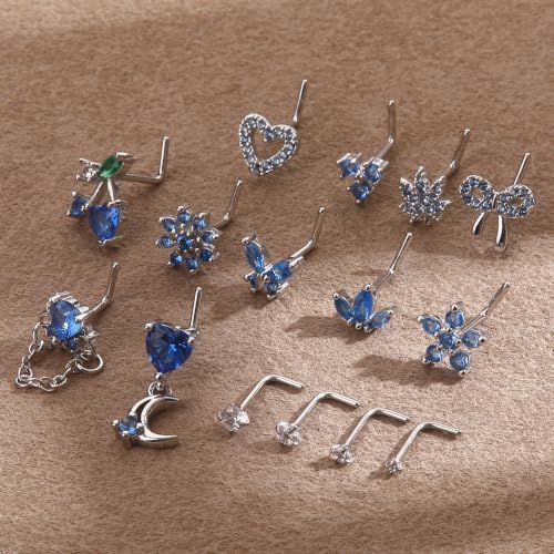 BSJ4U Nose Rings L Shaped for Women Nose Piercings 20G Surgical Stainless Steel Nose Studs CZ Heart Butterfly Flower Cherry Bow Moon Dangle Nose Piercing Jewelry - color: Silver Blue Nose Rings