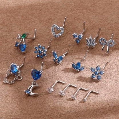 BSJ4U Nose Rings L Shaped for Women Nose Piercings 20G Surgical Stainless Steel Nose Studs CZ Heart Butterfly Flower Cherry Bow Moon Dangle Nose Piercing Jewelry - color: Silver Blue Nose Rings