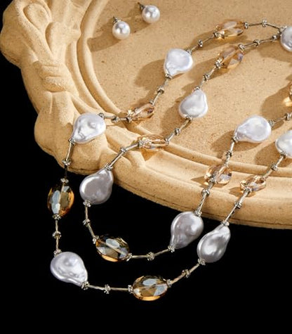 Errally Long Pearl Necklace and Earring Set Layered Pearl Beaded Necklaces for Women White Costume Jewelry Sets Gifts for Mom - color: 14-Champagne
