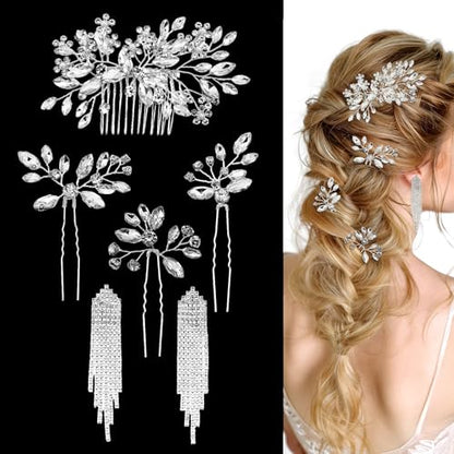 6 Pieces Crystal Bride Hair Accessories and Earrings.Sliver Wedding Hair Pins with Rhinestones for Bride Bridesmaids Women Girls. - color: Style1