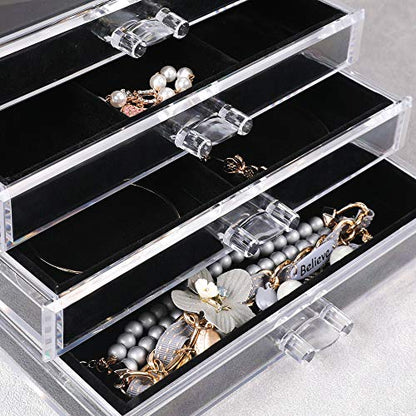 Extra Large Acrylic Jewelry Box for Women 5 Layers Clear Jewelry Organizer Velvet Earring Box with 5 Drawers Rings Display Case Necklaces Holder Tray for Women Girls (Black) | Jewelry Storage for Rings Earrings Bracelets,Dustproof,Velvet Lining,Transparen