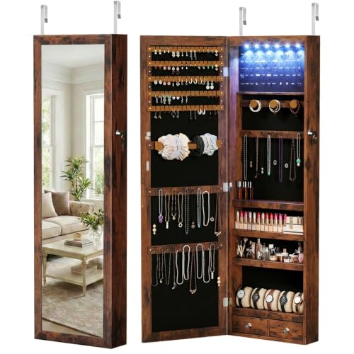 DUMOS 6 LEDs Mirror Jewelry Organizer Cabinet, Jewelry Armoire, 47.2 Inch | Hanging Door or Wall Mounted Mirror, Lockable, Large Capacity Cosmetic Storage, 2 Drawers, Gift Idea, Rustic Brown - color: Rustic Brown
