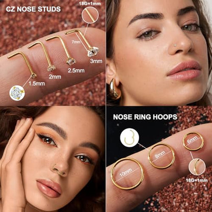 20G/18G Nose Studs Stainless Steel Nose Piercing Nose Ring Set I L S Shape Body Piercing Nose Hoop Ring for Women Men - color: A-15PC-Gold