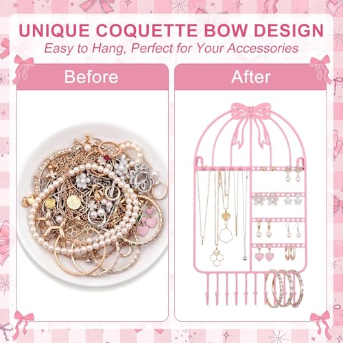 Novabright Pink Bow Wall Hanging Jewelry Organizer with 16 Hooks 48 Stud Holes 15.75inch Pink Metal Wall Necklace Holder Cute Coquettish Jewelry Hanger Rack for Bracelets Earrings Girls Room Decor