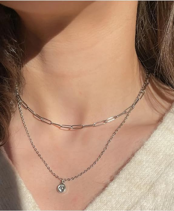 Stainless Steel Dainty Paperclip Link Chain Necklace for Women - color: Silver