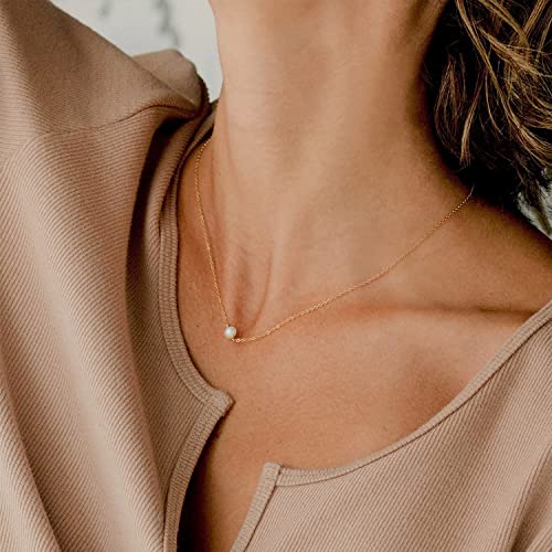 Gold Pearl Necklace For Women - 14K Gold Plated Layered Herringbone Chain Pearl Necklace, Trendy Simple Gold Jewelry Gift - color: Round Pearl-Gold