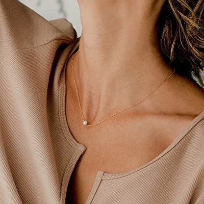 Gold Pearl Necklace For Women - 14K Gold Plated Layered Herringbone Chain Pearl Necklace, Trendy Simple Gold Jewelry Gift - color: Round Pearl-Gold