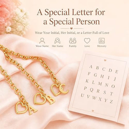14K Gold Plated Stainless Steel A-Z Alphabet Letter Heart Bracelet | Non-Tarnish Dainty Charm with a Romantic Toggle Clasp Daily Fashion Jewelry, 7-inch Rolo Chain, Personalized Gift for Her - color: A