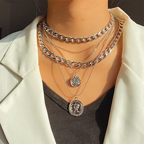 CSIYANJRY99 Chunky Gold Necklaces for Women,Multilayer Punk 80s Hip Hop Necklace,Layered Cuban Link Chain Statement Necklace 90s Freaknik Outfit Accessories for Women - color: Coid Silver