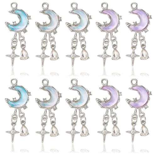 Moon Charms for Jewelry Making Alloy StarCharms Glass Golden Silver Metal Pendants for DIY Earring Bracelet - color: Silver