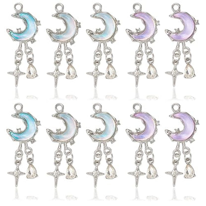 Moon Charms for Jewelry Making Alloy StarCharms Glass Golden Silver Metal Pendants for DIY Earring Bracelet - color: Silver