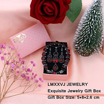 LMXXVJ Women Jewelry Set Platinum Plated Necklace Open Ring Earrings Bracelet Set,Birthday/Anniversary Mother’s Day Jewelry Gifts for Mom/Wife/Sister/Best Friend - color: Black Gun-Ruby Red