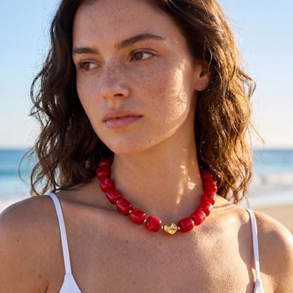 Beaded Necklaces for Women Boho Chunky Necklace Statement Big Resin Bead Choker Fashion Summer Beach Jewelry - color: Red