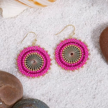 Colorful Bead Earrings For Women Summer Beach Handmade Bead Earrings Bohemia Hoop Dangle Earring For women - color: Pink