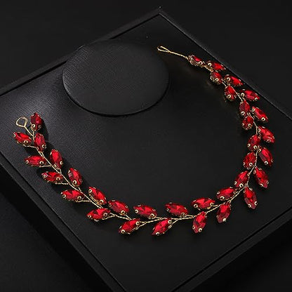 Teyglen Bride Wedding Crystal Hair Vine Headband - Bridal Accessories Handmade Rhinestone Headpiece for Women and Girls (Red) - color: Red