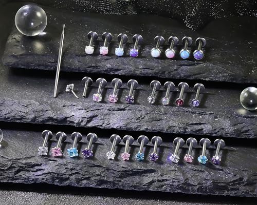 20G 18G 16G Threadless Lip Labret Nose Rings Studs Flat Back Earrings 316L Surgical Steel Snake Bites Lip Medusa Monroe Rings Push in Cartilage Tragus Helix Conch Earrings Studs 6mm 8mm 10mm - color: Silver-20G（0.8mm)-6mm Bars-3mm CZ