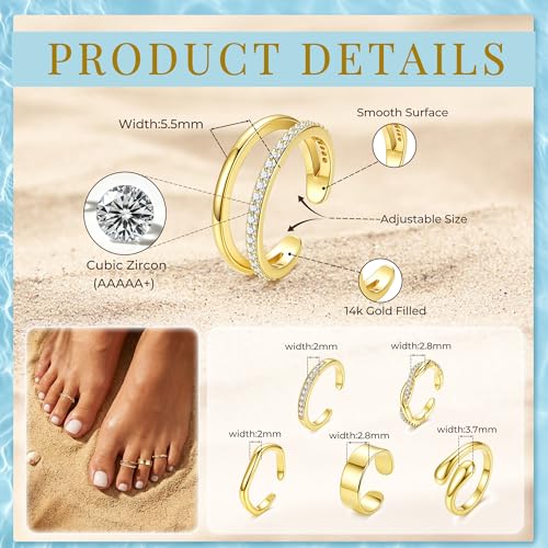 NICEIGHT 6Pcs 14K Gold Filled Toe Rings for Women Non Tarnish Silver Flower Hug Band Toe Rings Simple Adjustable CZ Twist Toe Ring Summer Beach Foot Jewelry for Women - color: Gold A