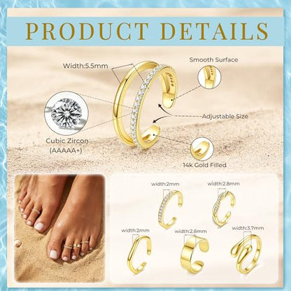 NICEIGHT 6Pcs 14K Gold Filled Toe Rings for Women Non Tarnish Silver Flower Hug Band Toe Rings Simple Adjustable CZ Twist Toe Ring Summer Beach Foot Jewelry for Women - color: Gold A