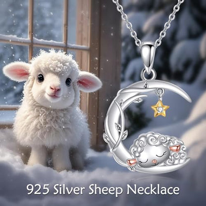 YAFEINI Moon Animal Necklace S925 Sterling Silver Owl/Fox/Red Panda/Possum/Snake/Dachshund Pendant Necklace Animal Jewelry Gifts for Women Mom Wife - style: Sheep