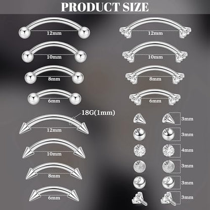 NICEIGHT 12Pcs 16G 18G Surgical Steel Eyebrow Piercing Jewelry for Women Men Small Curved Barbell Rings Vertical Labret Lip Jewelry Ear Rook Helix Daith Ring 6-12MM with 12Pcs Replacement Balls - color: Silver, size: 18G