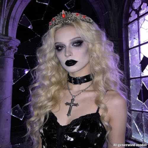 Gothic Tiara for Women, Black Red Crystal Crown, Tiara with Combs - color: Gunmetal