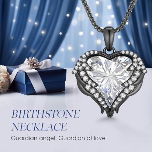 CDE Angel Wings Heart Birthstone Pendant Necklace Gift for Women | Silver/Gold Tone,Ideal Birthday & Anniversary Jewelry Gift for Wife,Girlfriend,Her - color: Black-04-White Birthstone