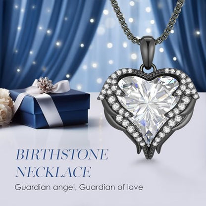 CDE Angel Wings Heart Birthstone Pendant Necklace Gift for Women | Silver/Gold Tone,Ideal Birthday & Anniversary Jewelry Gift for Wife,Girlfriend,Her - color: Black-04-White Birthstone