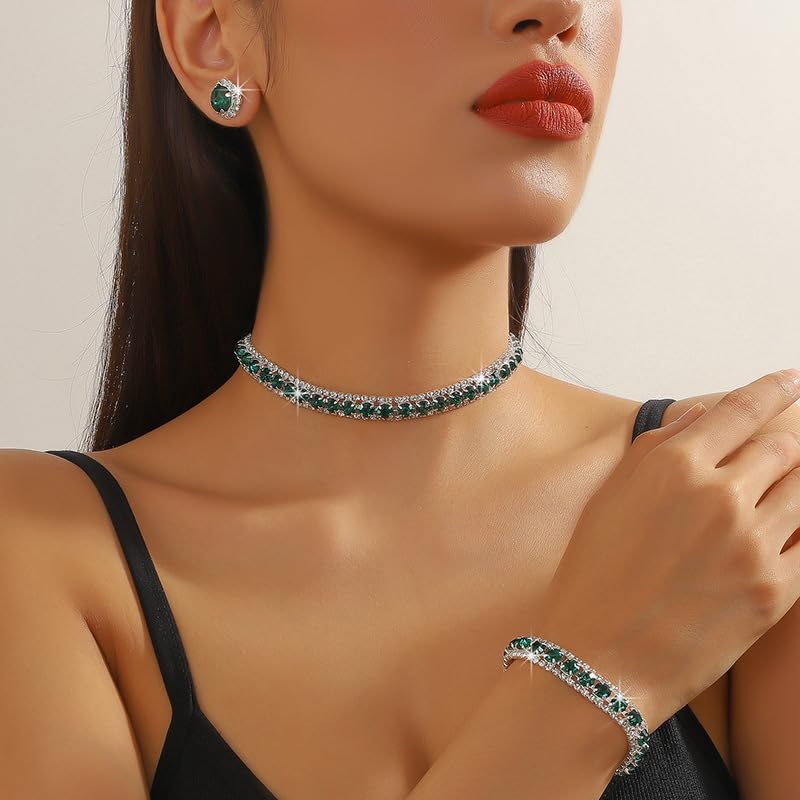 Women Rhinestone Crystal Jewelry Set Crystal Tennis Design Rhinestone Choker Necklace Link Bracelet Teardrop Earrings Set Wedding Bridal Bridesmaids Party - color: Green (Silver)