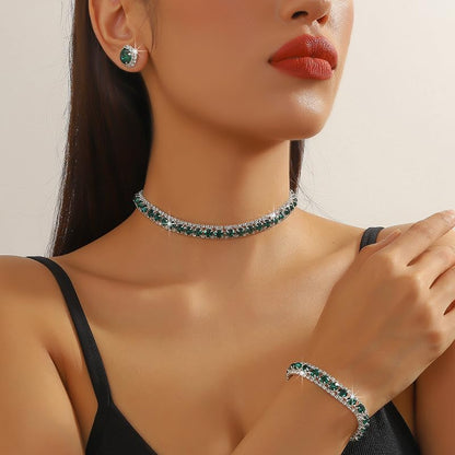 Women Rhinestone Crystal Jewelry Set Crystal Tennis Design Rhinestone Choker Necklace Link Bracelet Teardrop Earrings Set Wedding Bridal Bridesmaids Party - color: Green (Silver)