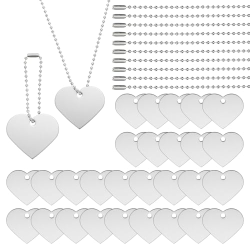 PATIKIL 60 Pcs Blank Dog Tags Set, Including 30 Pcs Aluminum Metal Stamping Heart Shape Label 30 Pcs Ball Steel Chain for DIY Decor Laser Engraving Necklace, Silver Tone - color: Silver Tone
