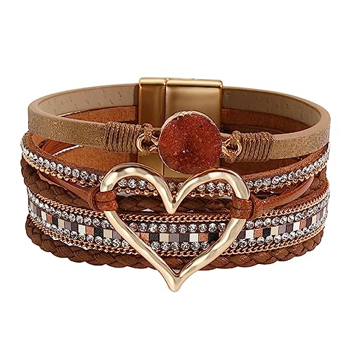Womens Love Heart Leather Wrap Bracelet Multi-layer Stacked Bangle | Magnetic Clasp Soft PU Leather Resin Stone Rhinestone Boho Style Birthday Valentine Christmas Bohemian Jewelry Gift - color: Brown