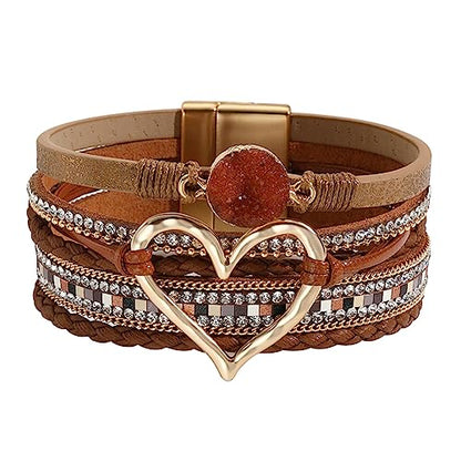 Womens Love Heart Leather Wrap Bracelet Multi-layer Stacked Bangle | Magnetic Clasp Soft PU Leather Resin Stone Rhinestone Boho Style Birthday Valentine Christmas Bohemian Jewelry Gift - color: Brown