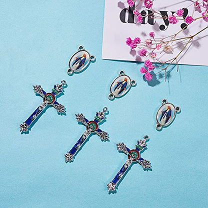 SUNNYCLUE 1 Box 20Pcs Easter Holiday Tibetan Style Rosary Cross and Center with Alloy Cross Pendants and Oval Chandelier Links for Rosary Beads Jewelry Necklace Making Supplies - color: 20pcs Double Sided Blue Themed Cross Charms and Linking Connectors