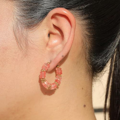 Wellike Beaded Hoop Earrings for Women Natural Stone Pink Gold Huggie Earrings Hypoallergenic Dainty Waterproof Trendy Jewelry - color: Rose Pink, size: 30mm