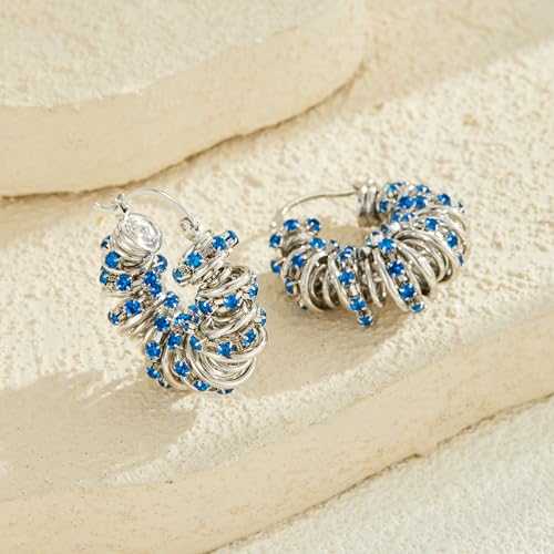 Statement Earrings for Women | Chunky Gold Hoops Rhinestone Thick Hoop Earrings 14K Gold Plated Hypoallergenic - color: Silver-Blue