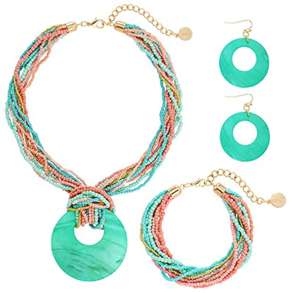 Coiris Multi Strand Statement Colorful Beaded Necklace with Big Circle Shell Pendant for Women - color: ST0012