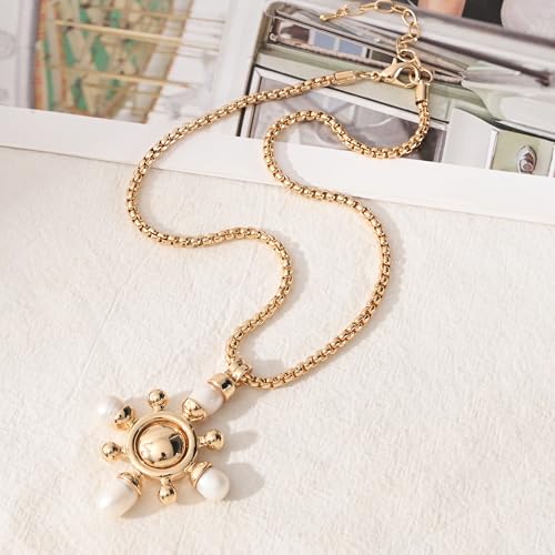 14K Gold Plated Two Sides Carved Stone Heart Shape Necklace for Women Love Pendant Necklace Jewelry for Daily and Gifts - color: Cross&pearl