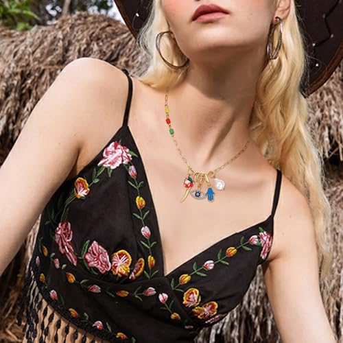 Charm Necklace for Women Gold Evil Eye Sun Moon Flower Coin Pendant Necklace Dainty Paperclip Chain Vintage Luck Amulet Choker Necklaces Celestial Jewelry Gift - style: 5 Charms-Tiny Eye