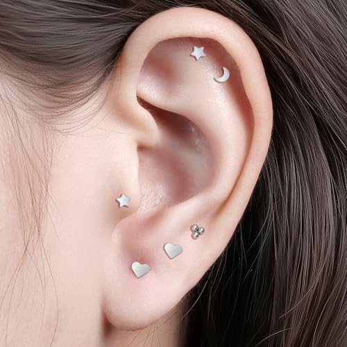 limerencia Titanium Threadless Flat Back Earrings Stud Piercing Jewelry | 20G Press Fit Titanium Push Pop in Cartilage Tragus Labret Lip Medusa Conch Piercing Jewelry Hypoallergenic for Women Men - style: Star Silver