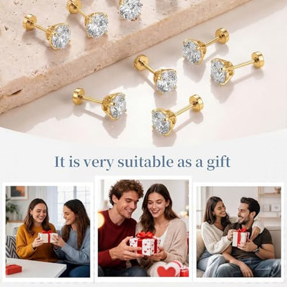 7 Pairs 20G Stainless Steel Stud Earrings Set Cubic Zirconia CZ Earrings Multi Size 2mm-8mm - color: golden, size: Elegant