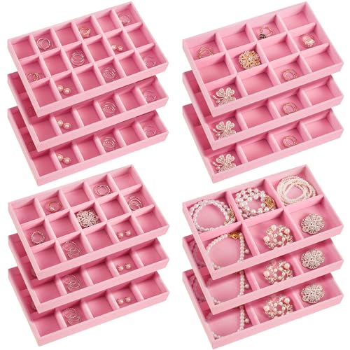 12 Pcs Jewelry Tray Velvet Stackable Jewelry Organizer Trays Divided Earring Accessories Storage Containers Box (Rose Red) - color: Pink