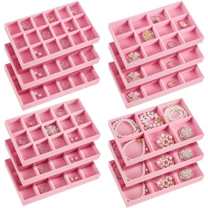 12 Pcs Jewelry Tray Velvet Stackable Jewelry Organizer Trays Divided Earring Accessories Storage Containers Box (Rose Red) - color: Pink