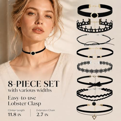 D.Bella 6Pcs Black Lace Choker Necklace Set for Women Gothic Velvet Heart Flower Hollow Chokers Collar Necklace - color: B-8PCS