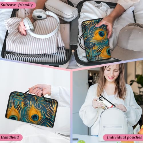 Bohemian Peacock Feather Hanging Roll Up Cosmetic Bag with 4 Removable Storage Bags Waterproof Foldable Toiletry Kit for Women - color: Multicolor 11