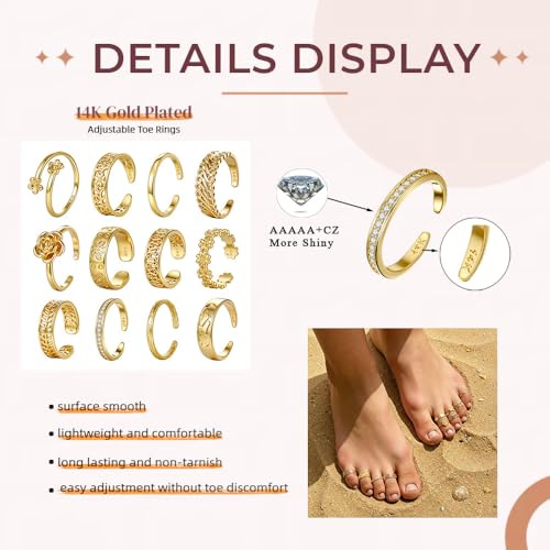 TOPBRIGHT 12PCS Toe Rings for Women - 14K Gold Filled With CZ, Adjustable Open Band Rings, Flower Design Dainty，Summer Beach Foot Jewelry Set for Women