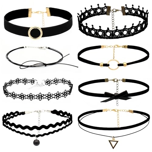 D.Bella 6Pcs Black Lace Choker Necklace Set for Women Gothic Velvet Heart Flower Hollow Chokers Collar Necklace - color: B-8PCS