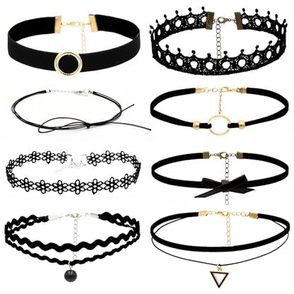 D.Bella 6Pcs Black Lace Choker Necklace Set for Women Gothic Velvet Heart Flower Hollow Chokers Collar Necklace - color: B-8PCS