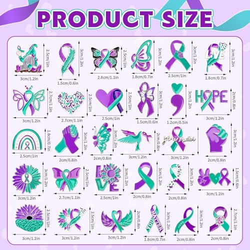 SANNIX 60Pcs Suicide Prevention Awareness Pins, Suicide Awareness Lapel Pin Purple Teal Ribbon Brooch Badges for Social Public Charity Event Party Favors - style: Suicide Prevention Awareness